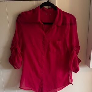 Women's Sheer Fuschia Button-Up Blouse convertible sleeves